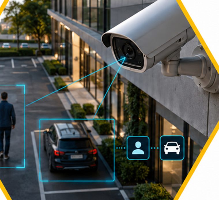 AI security camera tracking a person and vehicle in a parking lot