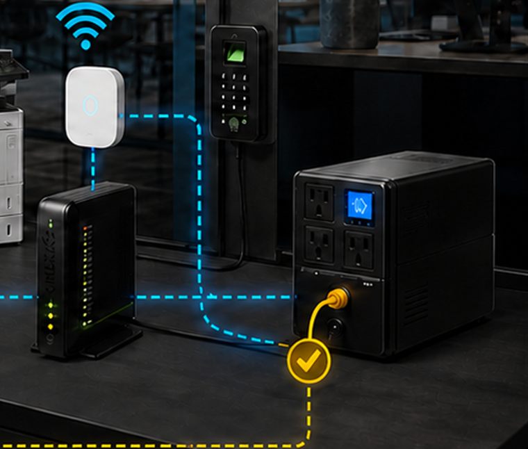 Business fibre router and backup power unit on an office desk