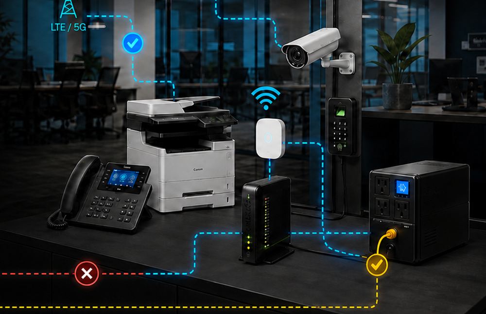 Connected office: IP phone, copier, Wi-Fi access point, router, CCTV camera and backup power linked on one network