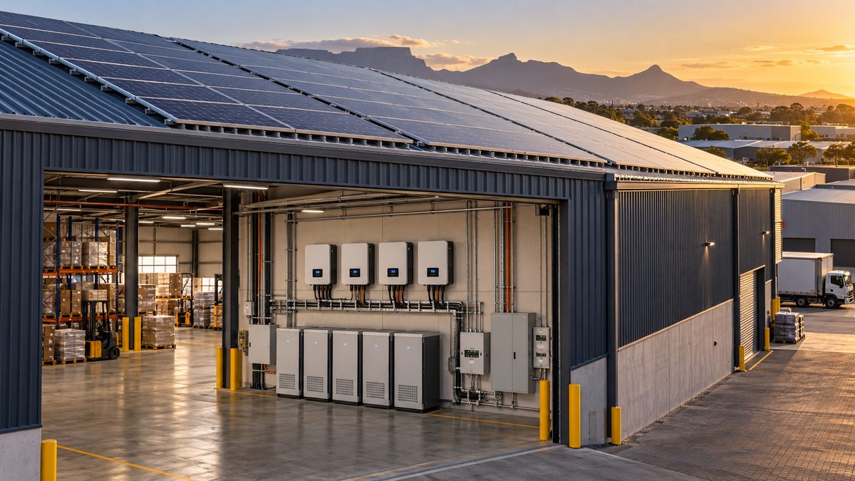 Warehouse with rooftop solar panels, inverters and battery storage installed inside