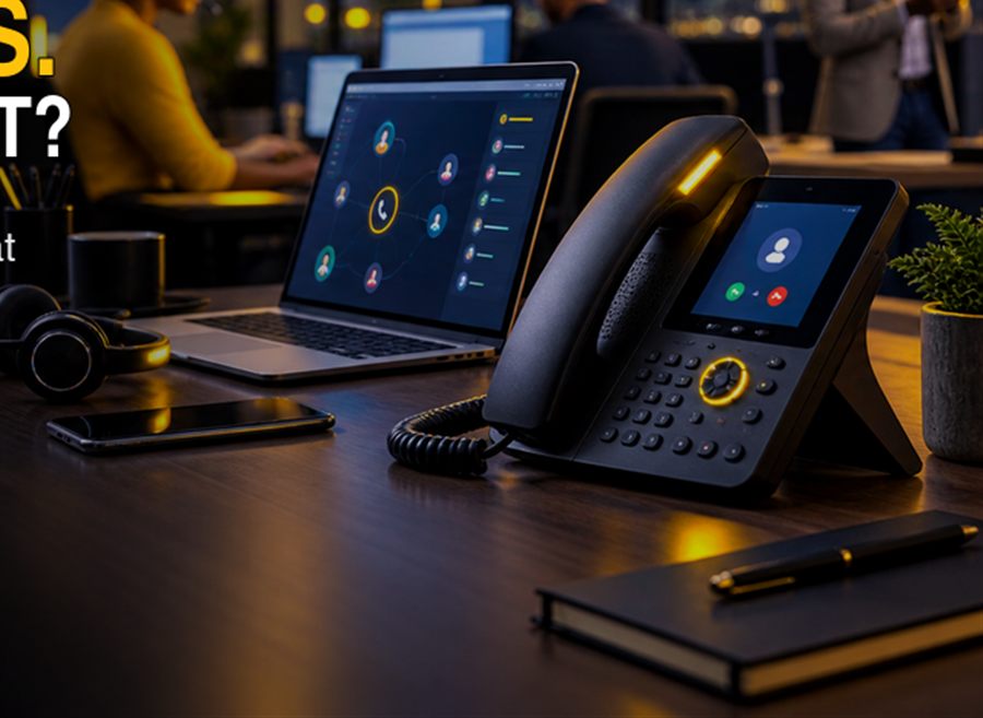 Office desk with an IP phone and a laptop showing a call flow